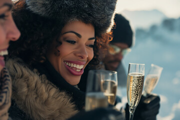 At the peak of a majestic ski mountain, a racially diverse group enjoys a luxury champagne breakfast, the table