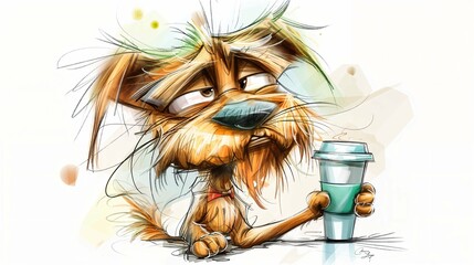 Naklejka premium Sleepy dog with its coffee