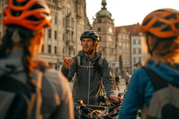 cycle-tour guide, helmet on, gesturing towards an iconic building, surrounded by a group of cyclists with their bikes