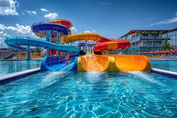 Bright and colorful water slides twist against a striking blue sky in a water amusement park - obrazy, fototapety, plakaty