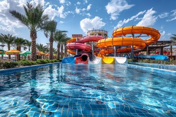 A clear blue sky overlooks large winding water slides amidst lush palm trees and pool waters - obrazy, fototapety, plakaty