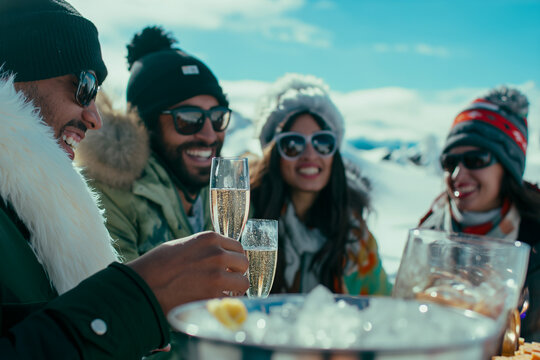 At the peak of a majestic ski mountain, a racially diverse group enjoys a luxury champagne breakfast, the table - Powered by Adobe