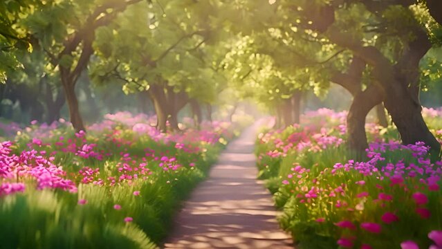 Path Surrounded by Trees and Flowers Generative AI