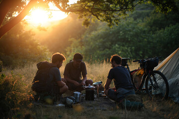 bikers seated around a campfire, studying a map in the fading natural light of dusk - obrazy, fototapety, plakaty