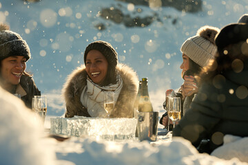 At the peak of a majestic ski mountain, a racially diverse group enjoys a luxury champagne breakfast, the table