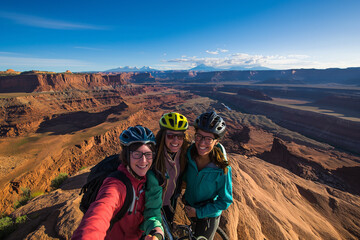  three friends from diverse selfie with the stunning scenic backdrop