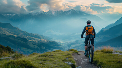 A biker, attired in specialized cycling gear, taking a moment to absorb the panoramic view of mountains 