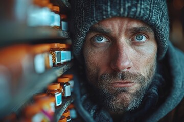 Man in a wooly hat looking pensively through shelves of medicine bottles - obrazy, fototapety, plakaty