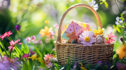 Fototapeta na wymiar Easter Basket with Decorated Eggs Among Flowers 