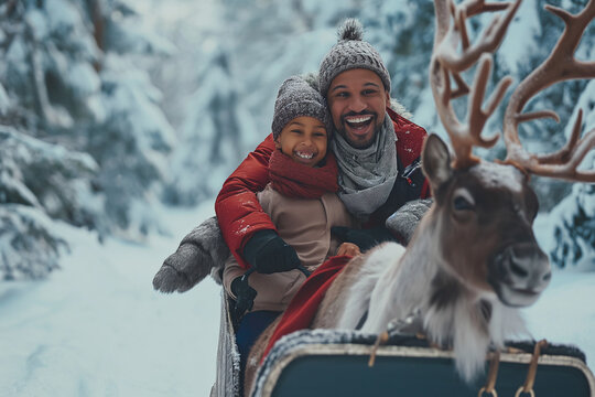 joyful family on a reindeer sleigh journey through a forest blanketed in snow
