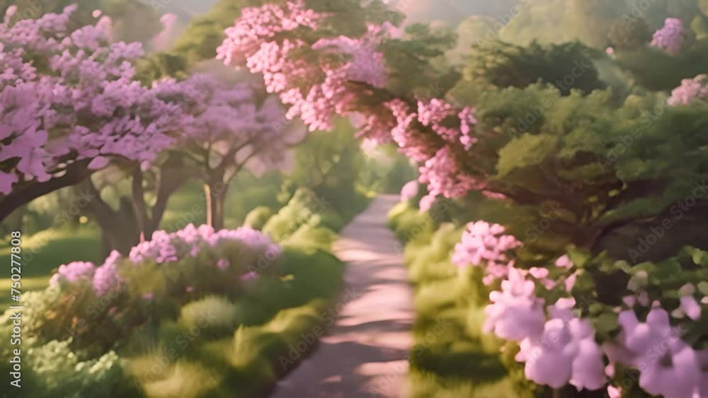 Poster path surrounded by trees and flowers generative ai