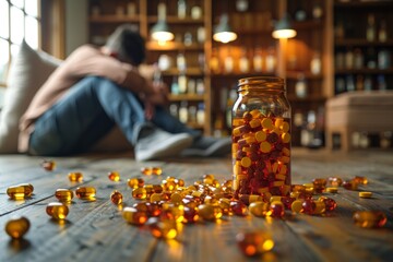 The evocative scene of a spilled jar of colorful pills and a despondent person in the blurry background