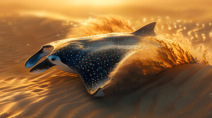 A manta ray is adorned with gold and turquoise jewels, swimming gracefully above the desert. The sun shines on the  back. - obrazy, fototapety, plakaty
