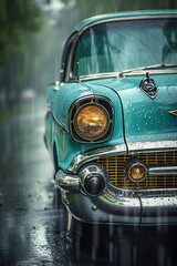Vintage Blue Car Cruising Through Rainy Streets in Nostalgic Ambiance