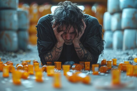 A poignant image capturing the overwhelming feeling of despair amidst a chaotic array of orange prescription pill bottles