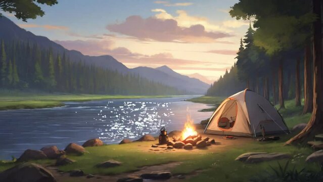 camping on the river bank. seamless looping 4k time-lapse video background