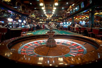 An elegant and detailed shot of a roulette wheel at a casino, showcasing the game's sophistication