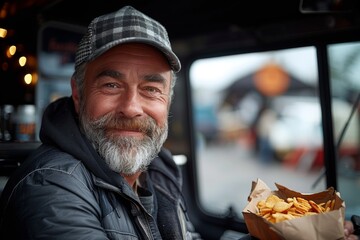 A genial truck driver smiles holding fries in a truck cabin, evoking a sense of job satisfaction