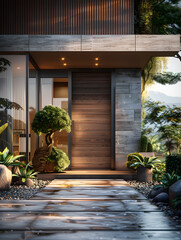 Contemporary home featuring a wooden front door and a stone walkway surrounded by lush grass and plant fixtures. The landscape is enhanced by varying tints and shades