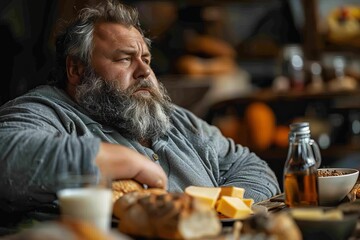 Exhausted bearded man amongst a variety of foods, implies overindulgence - obrazy, fototapety, plakaty