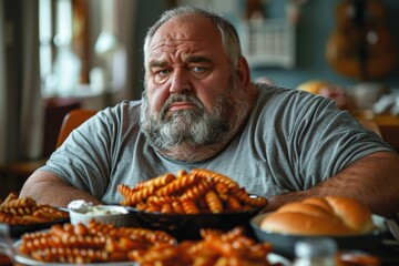 A portrait of a saddened man surrounded by an abundance of fries, evoking a sense of overwhelm