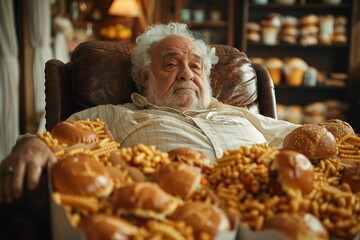 A senior man lounging with burgers and fries, creating a feel of excessive indulgence - obrazy, fototapety, plakaty