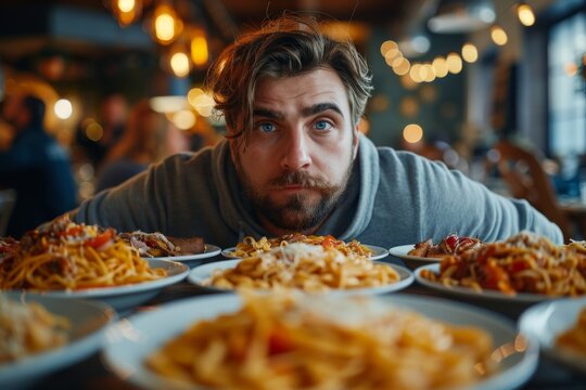 A charming image capturing a man surrounded by plates of pasta with a focused expression