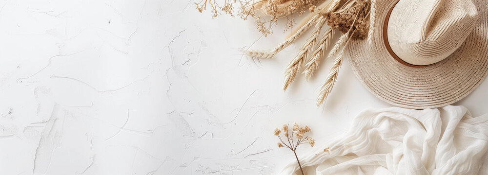 Flay lay of blank white table space with dried flower branches on fabric background,  organic POD or printable stationary products mockups with earthy natural eco vibes, natural lighting, empty center