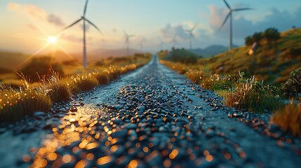A conceptual image showcasing the integration of green energy solutions and sustainable power engineering, with symbols like wind turbines, solar panels, and eco-friendly technology - obrazy, fototapety, plakaty