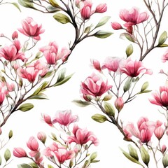 Pink magnolia flowers and branches on a white background. Delicate floral seamless pattern. Watercolor painting suitable for fabric, wallpaper, surface design projects