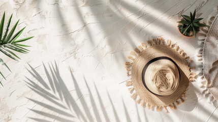 Flaylay of straw summer hat on beige textured background with palm leaf beach leaves shadow for POD or printable products mockups with earthy natural organic vibes, natural lighting, blank empty space