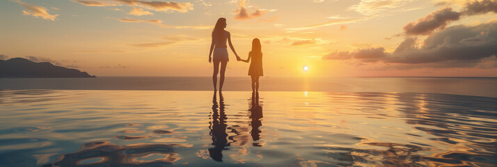 A mother and daughter holding hands, stand at the edge of an infinity pool, admiring the sunset over the ocean