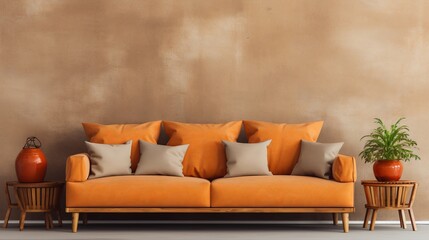 Retro orange sofa isolated on brown background. 3d rendering. Retro styled furniture with soft pillows and cushions. Design element for home interior magazines and websites.