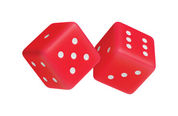 Red dice with random numbers of white dots 3D rendered. Gambling objects to play craps and poker, casino, tabletop or board games realistic three dimensional vector illustration