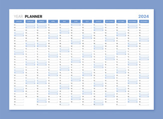 2025 year planner, blank blue annual wall calendar for daily agenda. Schedule page journal, stationery calendar, organizer, planner template with space for personal notes vector illustration