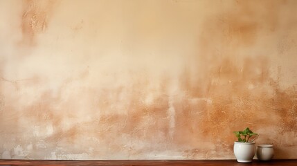 Minimalistic photo of a potted plant on a wooden table against a textured wall. Retro vintage style...