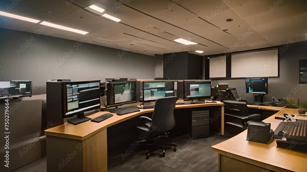 Poster room with multiple computer screens and monitors generative ai