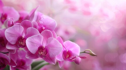 Fototapeta na wymiar Orchids bouquet radiant refined beauty on blurred background with copy space for text