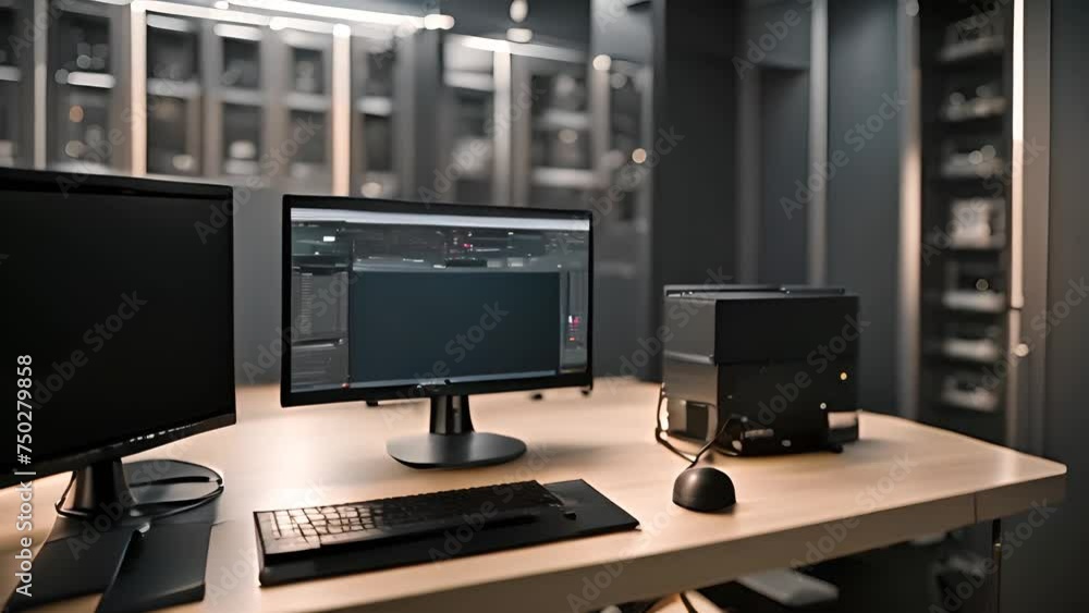 Poster desktop computer on wooden desk generative ai