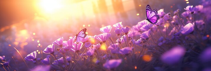 Enchanting purple flowers and butterflies in the golden sunset. A mystical garden with vibrant violet petals and graceful insects. Dreamy and magical landscape for book covers and banners. - obrazy, fototapety, plakaty