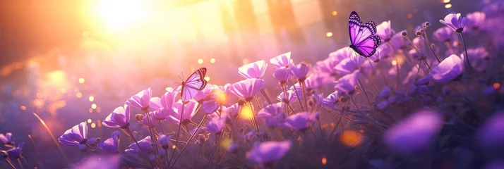 Papier Peint photo Tailler Enchanting purple flowers and butterflies in the golden sunset. A mystical garden with vibrant violet petals and graceful insects. Dreamy and magical landscape for book covers and banners.