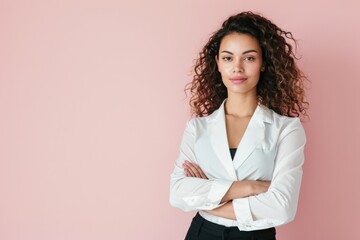 A confident woman in a power pose, against a simple and clean background