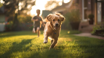 A dog runs towards the camera on the grass in the front yard. - obrazy, fototapety, plakaty
