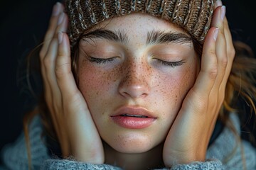 The image features a young woman in a knit hat closing her eyes softly with a serene expression - obrazy, fototapety, plakaty