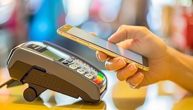 Person holding smartphone near payment terminal for contactless transaction copy space available - Powered by Adobe