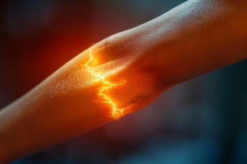 A striking image showing a human arm with a lightning-like effect at the elbow, representing sudden and localized pain visually - obrazy, fototapety, plakaty
