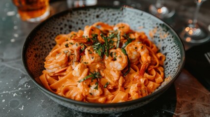 Pasta with seafood shrimps on blurred restaurant background, copy space available