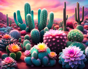 Colorful cacti and succulents in the desert. Edited AI generated image  - 750280896