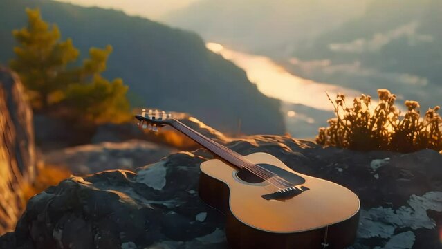guitar on a cliff Footage 4k