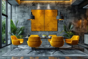 This image captures the bold contemporary lounge with vibrant yellow chairs against a textured...